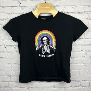 Shein Rainbow Skeleton Stay Happy Cropped Graphic TShirt Short Sleeve Cotton XXL